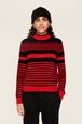 Women Iconic Bicolor Striped Sweater Black/red front worn view