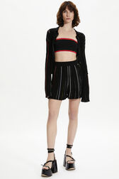 Women Multicolor Striped Pleated Shorts Black front worn view