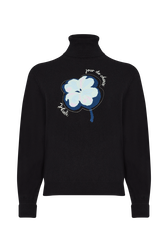 Intarsia Clover Print Cashmere Knit Turtleneck Sweater Black front view