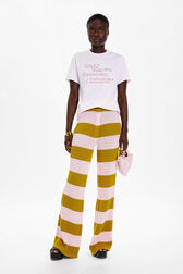 Women Two-Coloured Striped Openwork Trousers Striped baby pink/khaki front worn view