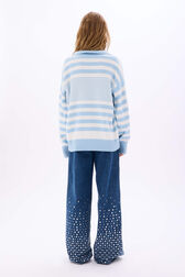 Striped cotton sailor sweater White/skyblue stripe back worn view