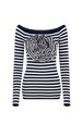 Pull rayé à fleur Raye blanc / bleu vue de face
