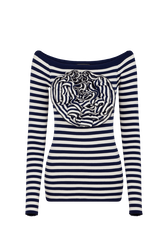 Pull rayé à fleur Raye blanc / bleu vue de face
