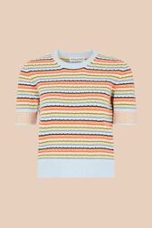 Women Pastel Multicolor Striped Short Sleeve Sweater Multico front view