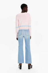 Women Colourful Stripes Wide Viscose Cardigan Baby pink back worn view