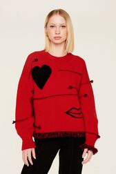 Women Charms Intarsia Wool Sweater Red front worn view