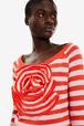 Pull laine mérinos bicolore fleur en relief femme Raye corail/baby pink vue de détail 2