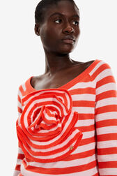 Pull laine mérinos bicolore fleur en relief femme Raye corail/baby pink vue de détail 2