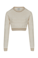 Top court manches longues bicolore femme Raye ecru/beige vue de face