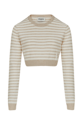 Women Two-Colour Long-Sleeve Crop Top Striped ecru/beige front view