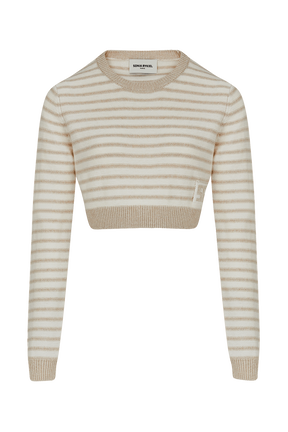 Women Two-Colour Long-Sleeve Crop Top Striped ecru/beige front view