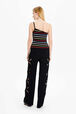 Women Multicolor Striped Asymmetrical Tank Top Multico black striped back worn view