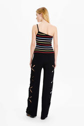 Women Multicolor Striped Asymmetrical Tank Top Multico black striped back worn view