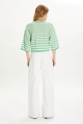 Striped short-sleeved sweater Striped anise/white back worn view