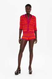 Gilet court rayures ajourées femme Raye fuchsia/corail vue portée de face