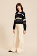 Women Multicolor Striped Openwork Sweater Night blue front worn view