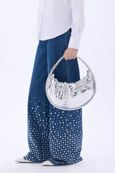 Domino medium bag in metallic croc-effect leather Silver back worn view