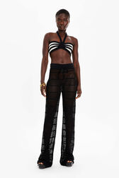 Women Openwork Striped Bandeau Top Black/ecru front worn view
