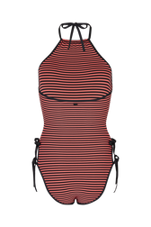 One-piece swimsuit Striped black/coral back view