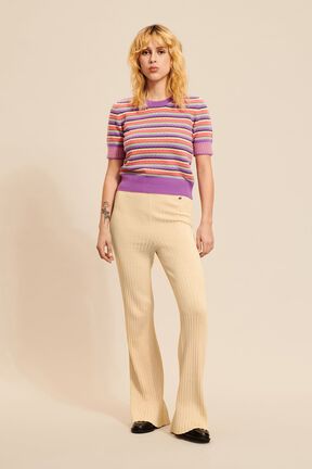 Pull manches courtes rayé multicolore pastel femme Lilas vue portée de face