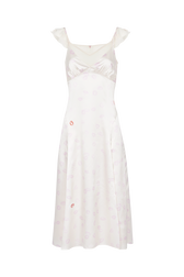 Strappy satin dress with mouth motif print Ecru lips front view