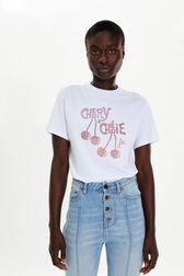 T-shirt coton motif cerise en strass femme Baby blue vue de détail 1