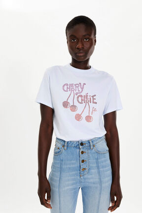 Women Rhinestone Cherry Print Cotton T-Shirt Baby blue details view 1