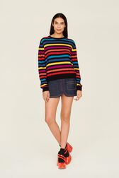 Women Brushed Poor Boy Striped Sweater Multico striped rf front worn view