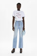 Women Rhinestone Cherry Print Cotton T-Shirt Baby blue front worn view