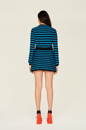 Women Big Poor Boy Striped A-line Skirt Striped black/pruss.blue back worn view