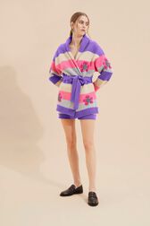 Cardigan ceinturé rayé multicolore pastel femme Lilas vue de détail 1