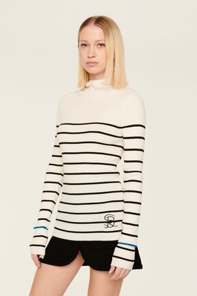 Hoodie laine côtelée femme Raye noir/ecru vue de détail 3