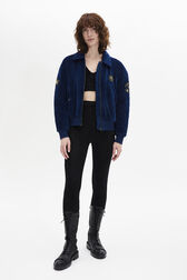 Velvet Quilted Bomber Jacket Blue duck front worn view