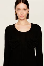 Women Flowers Ribbed Short Dress Black details view 3