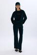 Long-sleeved velvet sweater Dark green front worn view