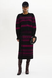 Fair Isle Print Wool Knit Crew-Neck Sweater Fuchsia front worn view
