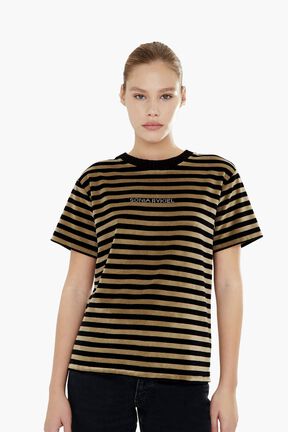 T-shirt velours femme Raye noir/kaki vue portée de face