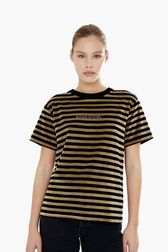 Women Velvet T-shirt Striped black/khaki front worn view