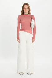 Long-sleeved crew-neck top in cotton and silk Red/white front worn view