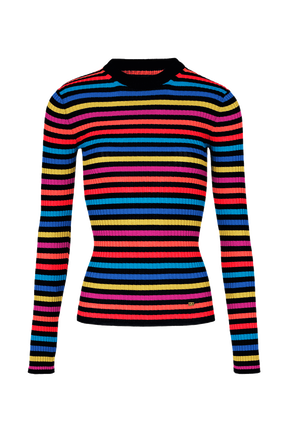 Women Multicoloured Striped Rib Sock Knit Sweater Multico striped rf front view