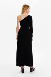 Women Openwork Floral Knit Asymmetrical Maxi Dress Black back worn view
