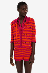 Gilet court rayures ajourées femme Raye fuchsia/corail vue de détail 1