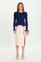 Pinstripe tailored skirt Ecru/pink front worn view