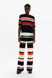 Women Multicolor Striped Boxy Cut Top Black front worn view