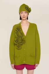 Cardigan laine fleur en relief femme Pistache vue portée de face