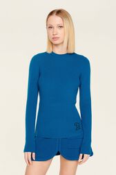 Pull laine côtelée femme Bleu de prusse vue portée de face