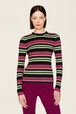 Women Multicolor Striped Sweater Multico black striped front worn view