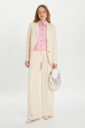 Pinstripe suit jacket Ecru/pink front worn view