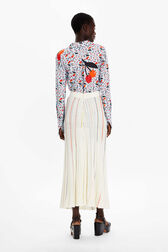 Women Multicolor Striped Long Pleated Skirt Ecru back worn view