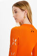 Women Openwork Floral Knit Mini Dress Coral details view 2